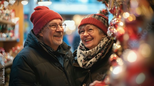 Happy elderly couple enjoying festive decorations in a market