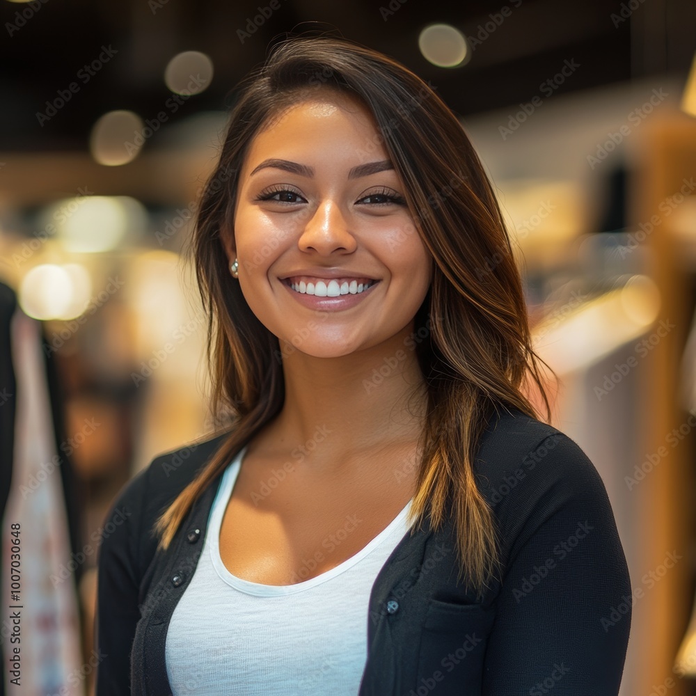 Digital composite of Portrait of happy woman in shopping centre with bokeh Digital composite of Portrait of happy woman in shopping centre with bokeh