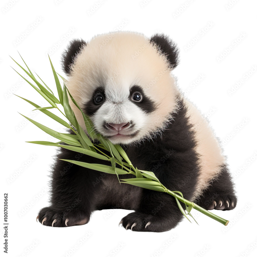 Obraz premium Baby panda eating bamboo isolated on transparent background