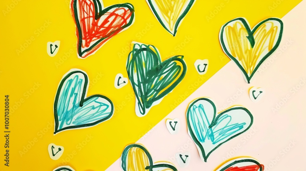 Colorful hand-drawn hearts on yellow and white background Colorful hand-drawn hearts on yellow and white background
