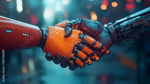  Robot hand shaking with a human: a symbol of future business cooperation. Combining artificial intelligence and human touch for technological evolution. 