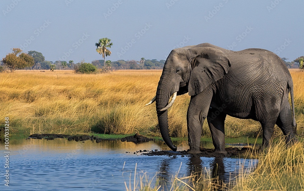 Fototapeta premium An elephant with tusks is drinking from a pond