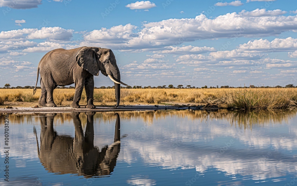 Fototapeta premium An elephant with tusks is drinking from a pond