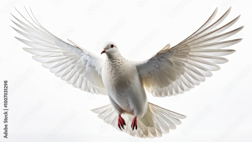 Obraz premium A graceful white dove in flight, showcasing its expansive wings and serene presence.