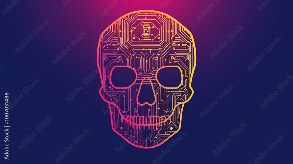 A vibrant vector logo with a stylized image of a skull composed of intricate circuit board patterns. The symbol combines elements of technology and anatomy, representing innovation, adaptability A vibrant vector logo with a stylized image of a skull composed of intricate circuit board patterns. The symbol combines elements of technology and anatomy, representing innovation, adaptability