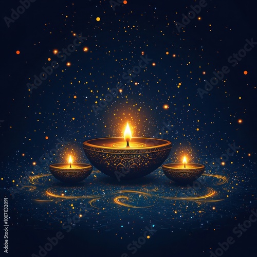Golden Diwali Lamps on Dark Blue Background - Hand Drawn Vector Illustration