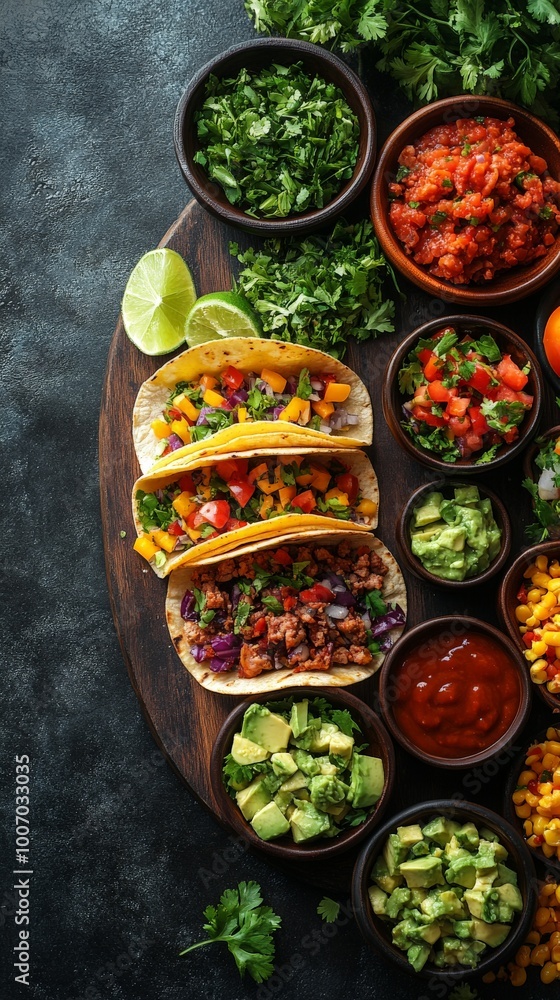 Top down view of a table full of Mexican tacos with lots of side dishes and sauces Top down view of a table full of Mexican tacos with lots of side dishes and sauces