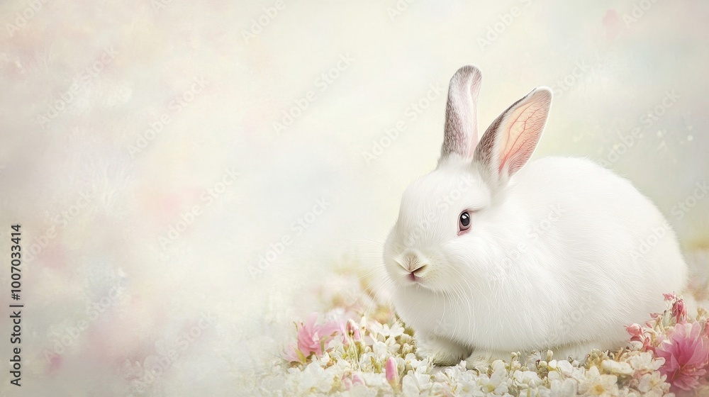 A fluffy white bunny sits against a soft, light background, perfect for an Easter celebration. There's plenty of room around the bunny for adding text or other decorations. A fluffy white bunny sits against a soft, light background, perfect for an Easter celebration. There's plenty of room around the bunny for adding text or other decorations.