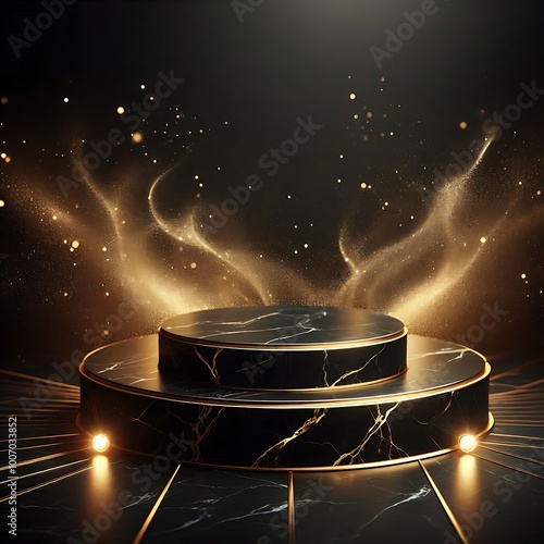 Custom 1. Black Marble Podium with Gold Accents and Sparkling Lights for Product Display