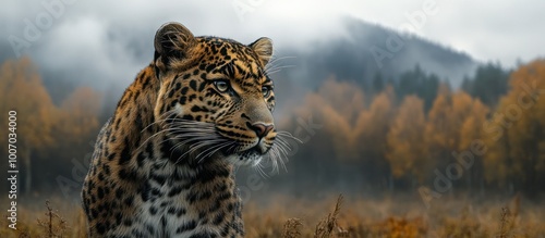 A majestic leopard with a focused gaze stands in a foggy forest clearing. photo