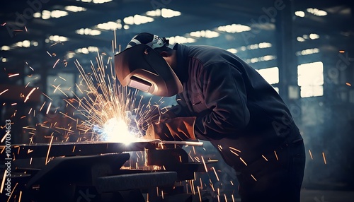 Silhouette of a man in black suit welding at a metal table, sparks flying in an industrial setting, embodying danger and the essence of hard work.