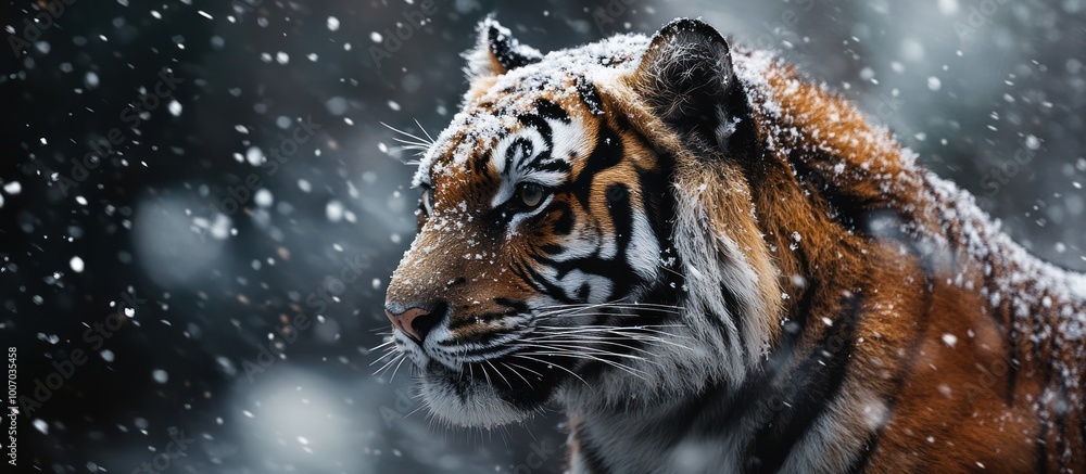 Obraz premium A majestic tiger stands in the snow, looking off to the side. The snowflakes are falling around it, creating a beautiful winter scene.