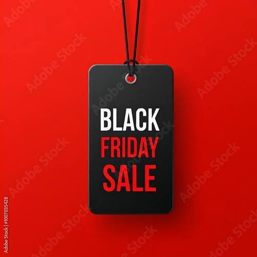 A rectangular black tag with a hole at the top, suspended by a black string, centered against a solid red background. Subject: The tag features bold, white uppercase text reading 'BLACK FRIDAY'