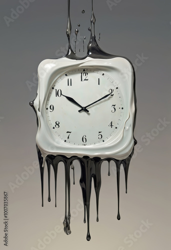 A surreal depiction of time, featuring a clock melting into liquid, symbolizing the fluidity of time and its perception in modern life. photo