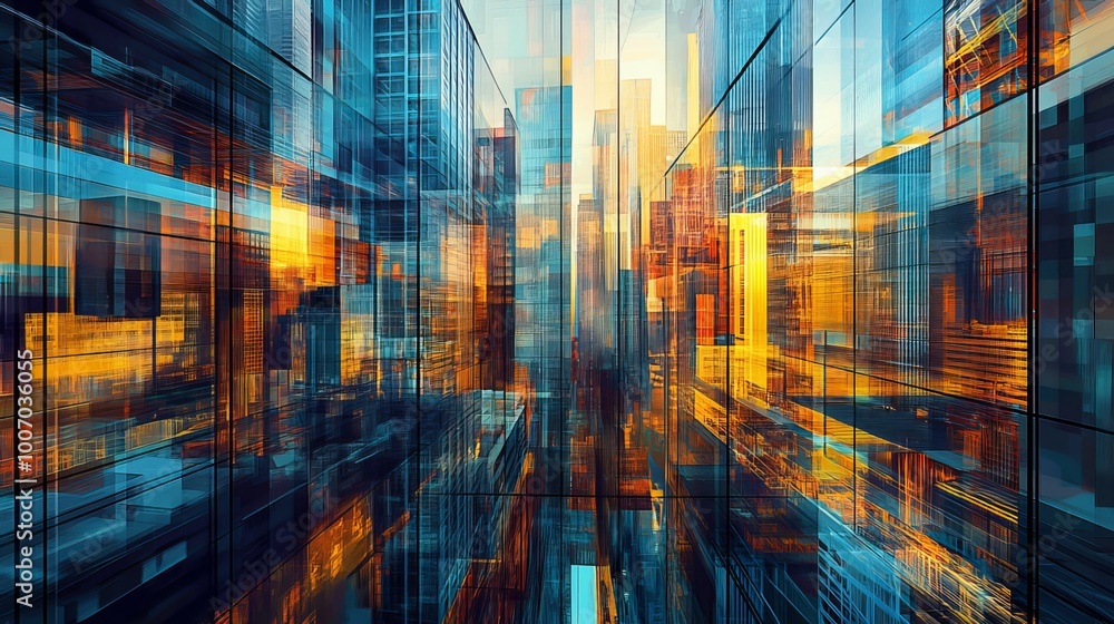 Abstract urban panoramic cityscape with modern skyscrapers and business centers. Digital geometric pattern with dynamic lines, shapes and bright colors. Abstract urban panoramic cityscape with modern skyscrapers and business centers. Digital geometric pattern with dynamic lines, shapes and bright colors.