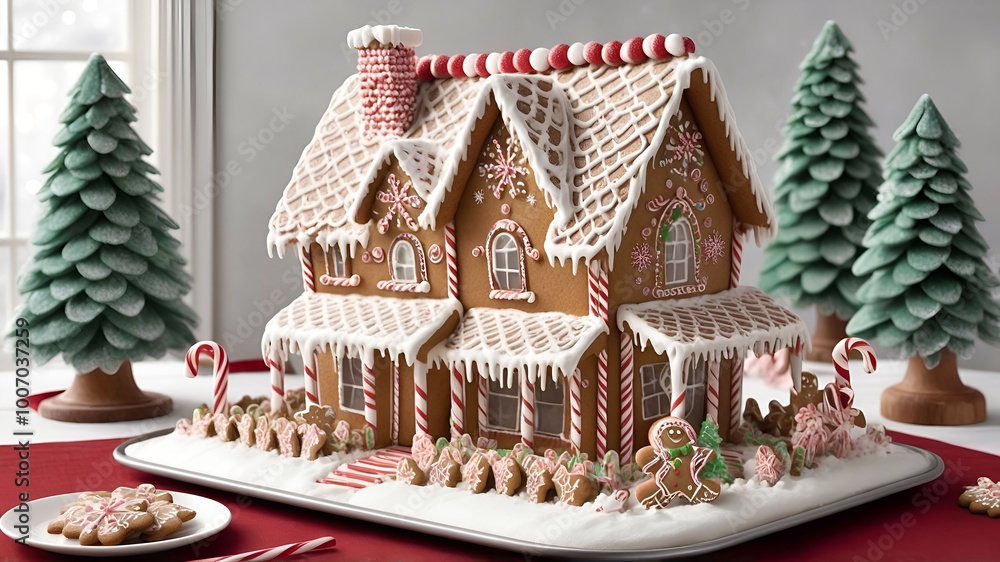 A gingerbread house crafted from real cookie textures with icing details, layered with hand-drawn snowflakes and candy cane borders A gingerbread house crafted from real cookie textures with icing details, layered with hand-drawn snowflakes and candy cane borders