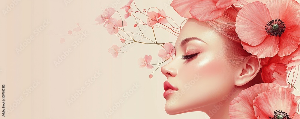 Elegant beauty and spa banner featuring a serene woman with pink floral accents, perfect for wellness and aesthetic themed promotions Elegant beauty and spa banner featuring a serene woman with pink floral accents, perfect for wellness and aesthetic themed promotions