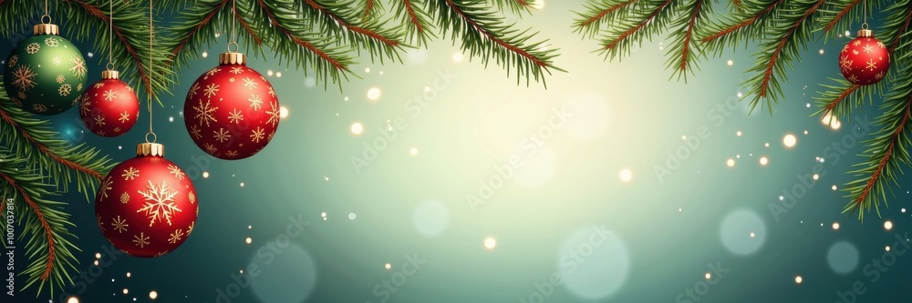 Festive Christmas background featuring ornaments and pine branches, perfect for holiday designs, cards, or seasonal promotions. Festive Christmas background featuring ornaments and pine branches, perfect for holiday designs, cards, or seasonal promotions.