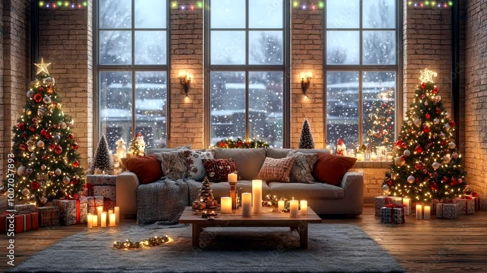 Cozy Christmas living room with decorated Christmas trees, a fireplace, candles, and presents. Cozy Christmas living room with decorated Christmas trees, a fireplace, candles, and presents.