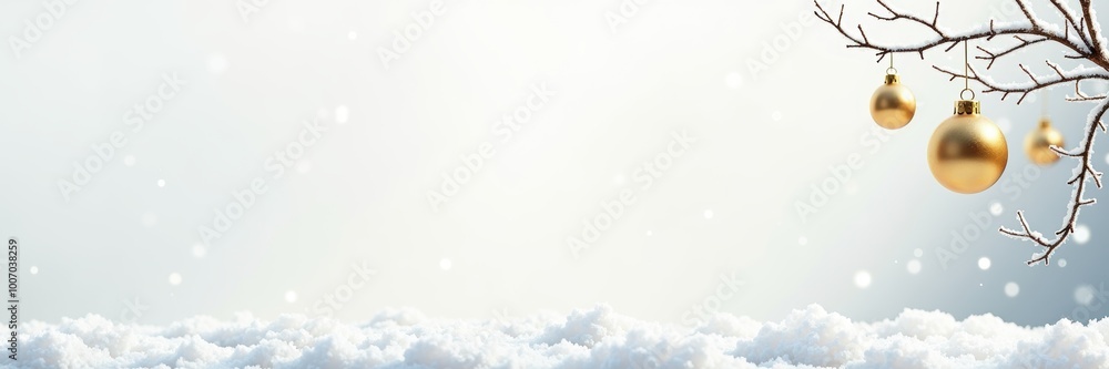 A serene winter scene featuring snow and golden ornaments hanging from a branch, ideal for holiday-themed projects and seasonal promotions. A serene winter scene featuring snow and golden ornaments hanging from a branch, ideal for holiday-themed projects and seasonal promotions.