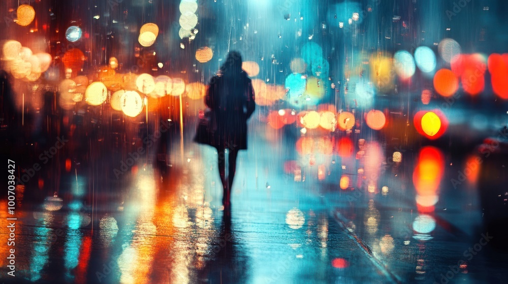A Silhouette of a Person Walking in a Rain-Soaked City at Night with Blurry Lights A Silhouette of a Person Walking in a Rain-Soaked City at Night with Blurry Lights