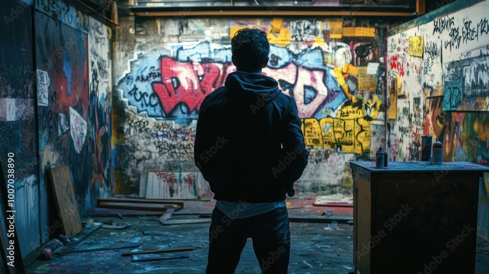 A lone man standing in a graffiti-filled room, facing a colorful wall A lone man standing in a graffiti-filled room, facing a colorful wall