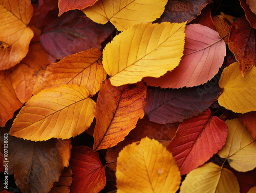 Vibrant autumn leaves cover the ground in a colorful display at a serene forest