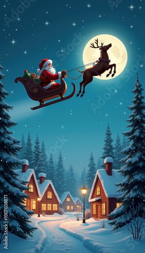 Festive illustration of Santa Claus flying over a snowy village in a sleigh, creating a magical Christmas atmosphere under a bright full moon.