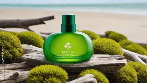 A green perfume bottle placed on natural elements by the beach, emphasizing freshness and nature.