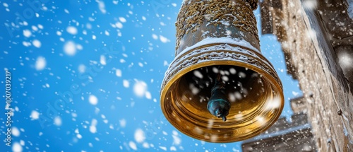A bell is covered in snow and is hanging from a building