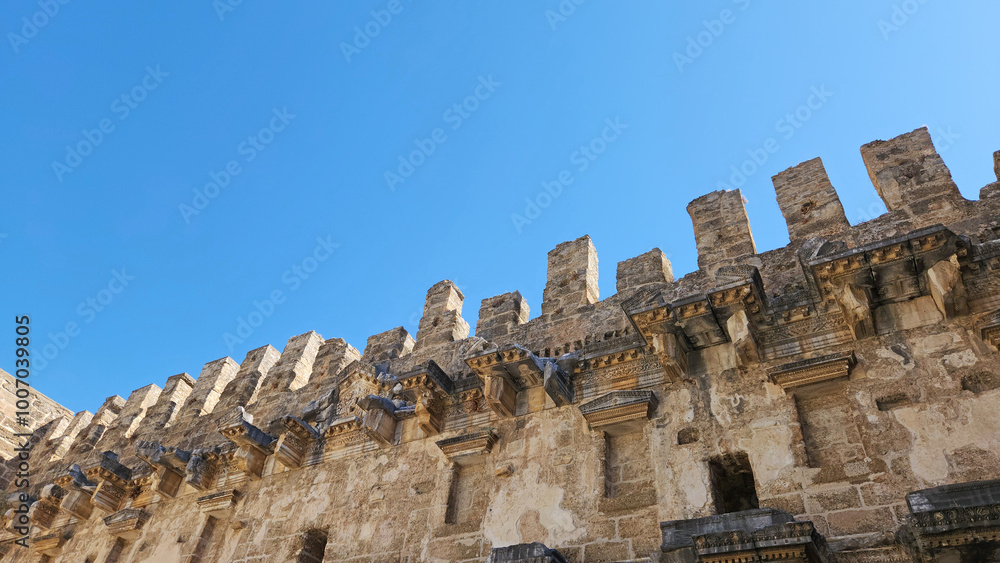 Fototapeta premium Details on the upper part of the southern wall of the Aspendos Ancient Theatre