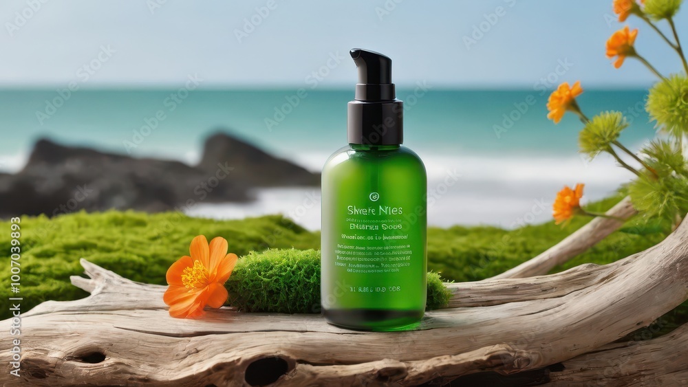 A green skincare bottle on driftwood with flowers, set against a beach backdrop. A green skincare bottle on driftwood with flowers, set against a beach backdrop.
