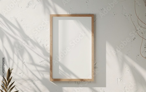 Empty light wood thin rectangular vertical frame hanging photo