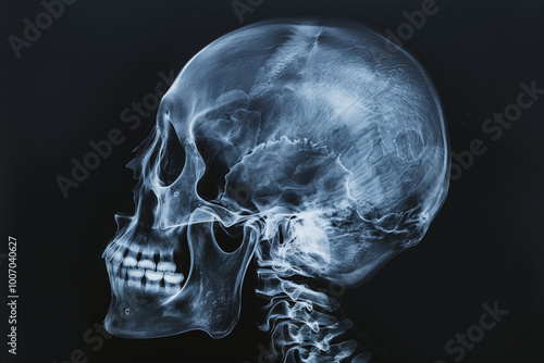 X-ray image showcasing a human skull, detailed view of cranial structure