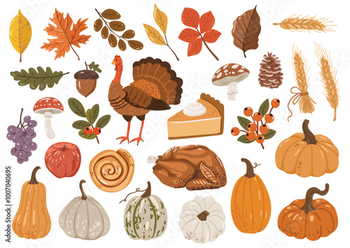 Autumn leaves and pumpkins set isolated white background, thanksgiving elements vector, autumn illustration, hello autumn vector	