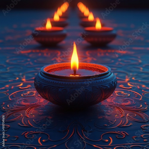 Diwali Illuminations: Front View of Decorated Banner with Oil Lamps on Stylish Patterned Background - Vector Illustration