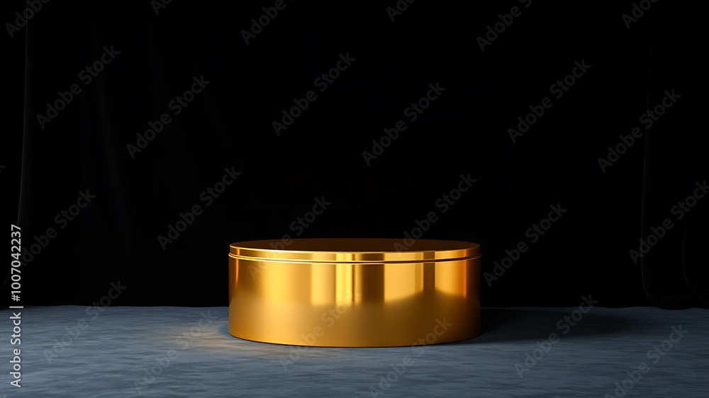 Custom 1. Gold Cylinder Stand on a Dark Stage with Black Drapes, a Minimalist Product Display Custom 1. Gold Cylinder Stand on a Dark Stage with Black Drapes, a Minimalist Product Display