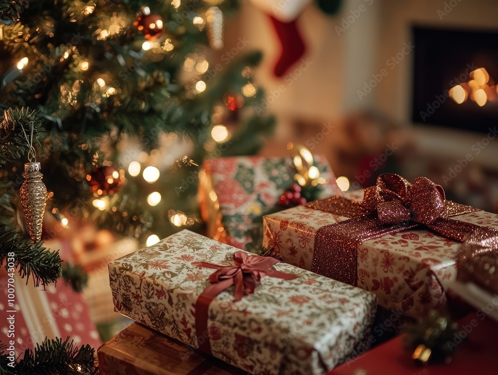 Festive Scene with Christmas Tree and Gifts in Patterned Wrapping Paper with Glittering Ribbons Festive Scene with Christmas Tree and Gifts in Patterned Wrapping Paper with Glittering Ribbons