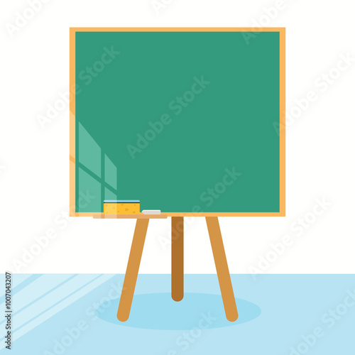 Empty green chalkboard with wooden frame. Vector illustration in flat cartoon style