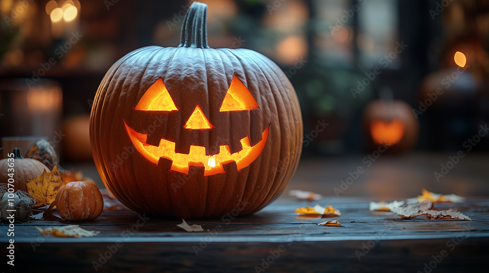 Glowing Jack-o'-Lantern with Friendly Smile on Wooden Surface with Autumn Leaves Glowing Jack-o'-Lantern with Friendly Smile on Wooden Surface with Autumn Leaves