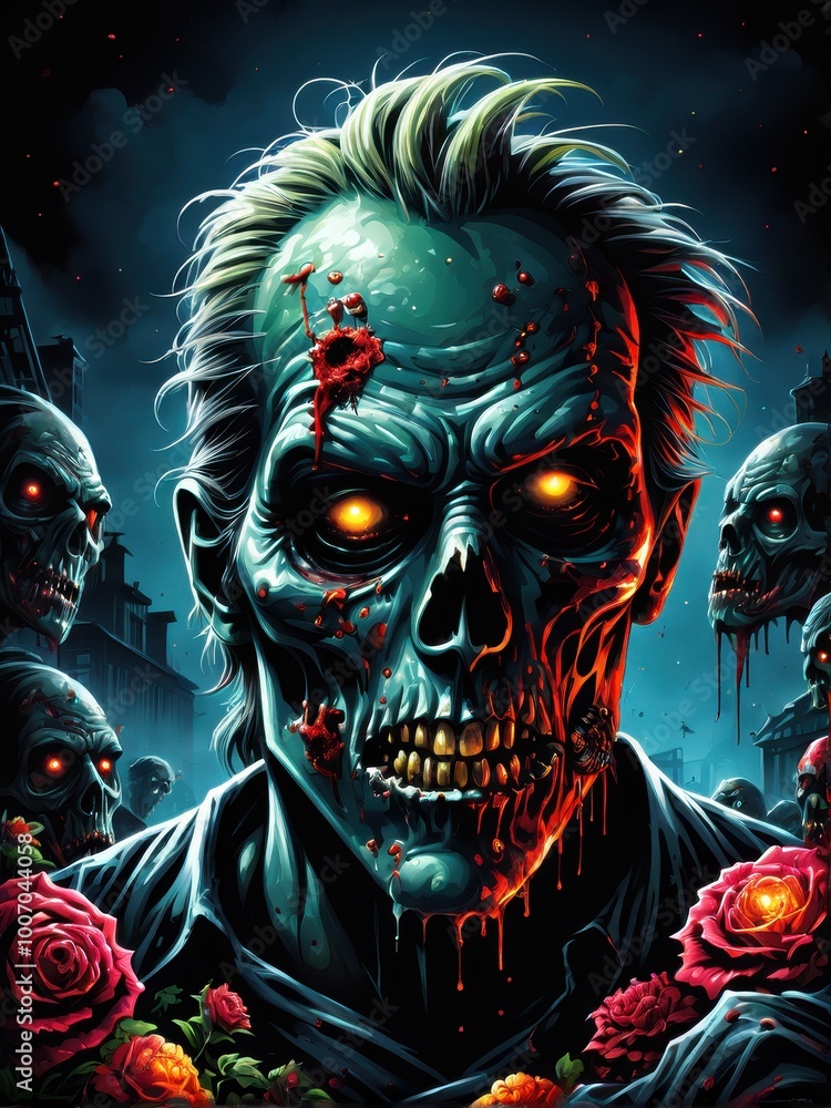 A grotesque zombie face with glowing eyes and blood, surrounded by roses in a dark setting. A grotesque zombie face with glowing eyes and blood, surrounded by roses in a dark setting.
