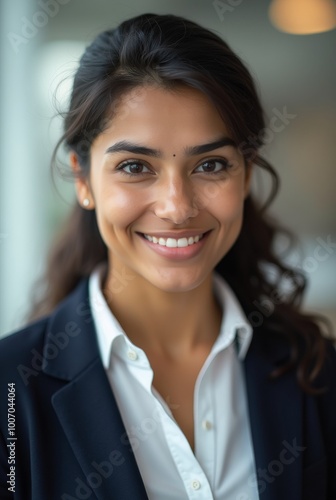 A confident young professional woman smiles warmly while wearing formal attire