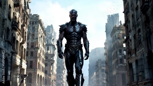 Huge alien robot fighting walking on the streets