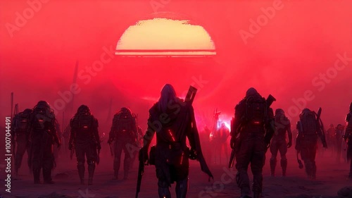  soldier walking on another planet sunset red light war wasteland scifi science fiction gun