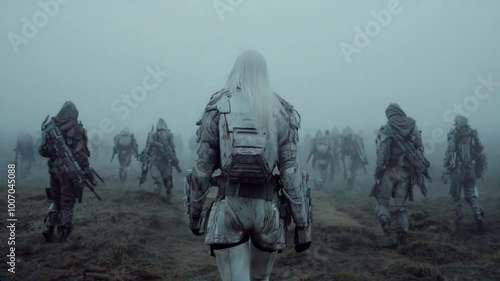 White long hair soldier walking on a wasteland