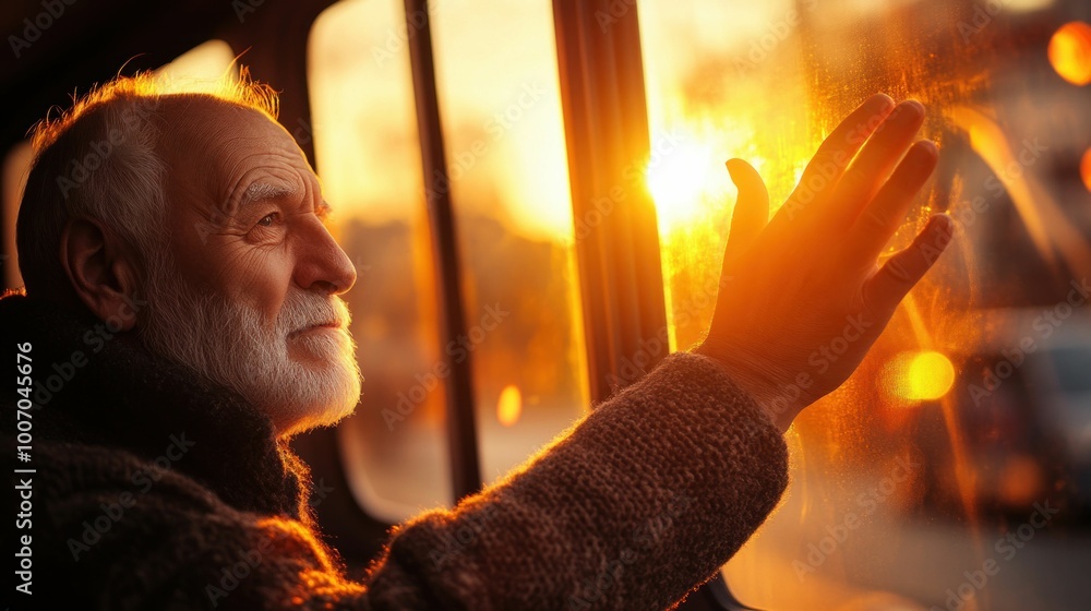 Elderly Man Looking Out the Window with a Hand Raised at Sunset. Generative ai Elderly Man Looking Out the Window with a Hand Raised at Sunset. Generative ai