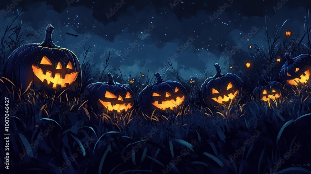 A group of pumpkins are lit up in the dark, creating a spooky A group of pumpkins are lit up in the dark, creating a spooky