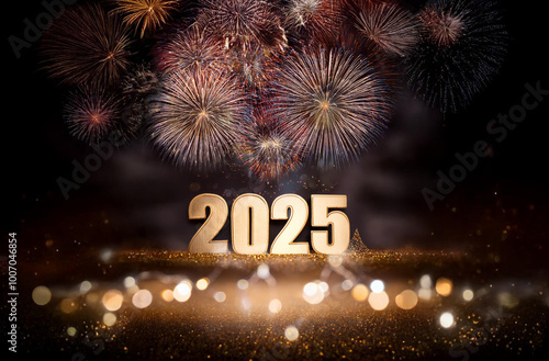 New Year's Eve celebration with fireworks reflecting on the year 2025 placed on a golden surface