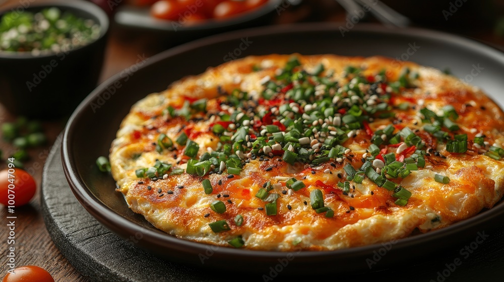 Delicious Omelette with Sesame Seeds, Green Onions, and Chili Flakes Delicious Omelette with Sesame Seeds, Green Onions, and Chili Flakes
