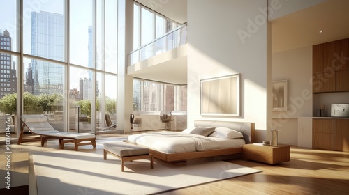 Wallpaper Mural Bright loft bedroom with large windows, clean lines, and a well-designed bed Torontodigital.ca